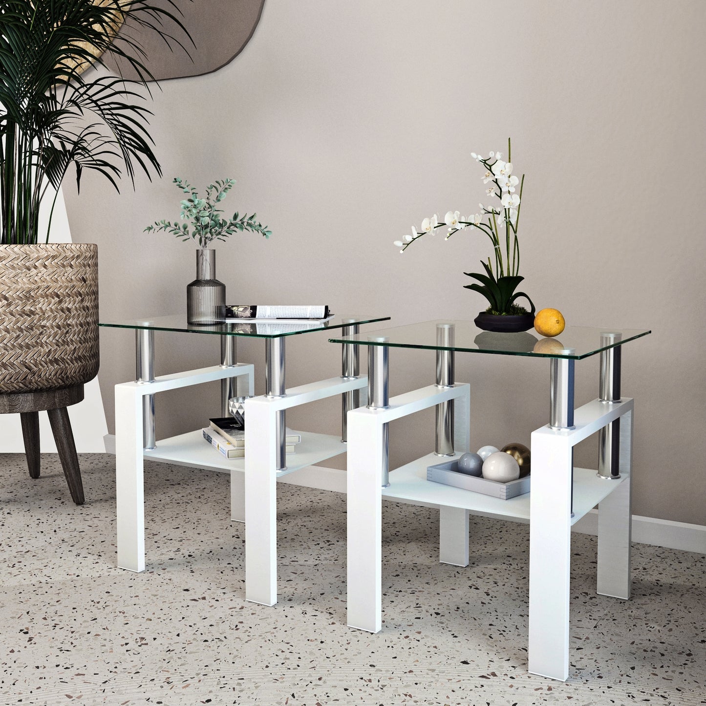 2-Pc Modern Tempered Glass Coffee Tea End Tables For Living Room