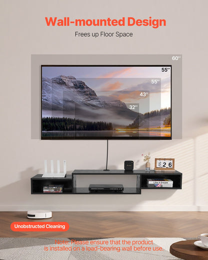 Floating TV Stand, 59" Wall Mount Entertainment Center With Power Outlet & Cable Hole, Modern Floating TV Shelf With Storage Cabinet For DVD Player, Cable Box, Game Console, TV Accessory, Black