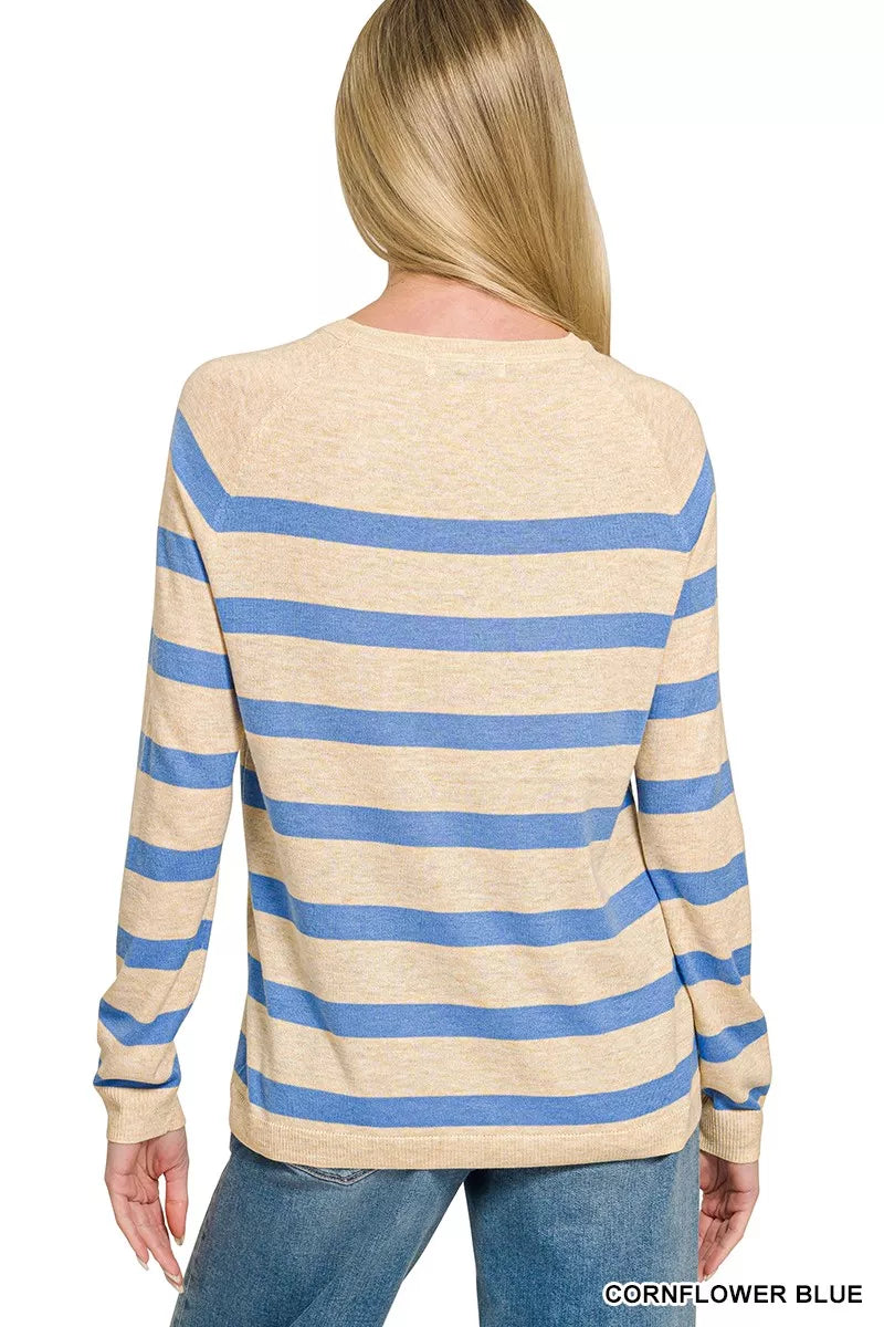 Zenana Lightweight Wool Blend Striped Round Neck Sweater