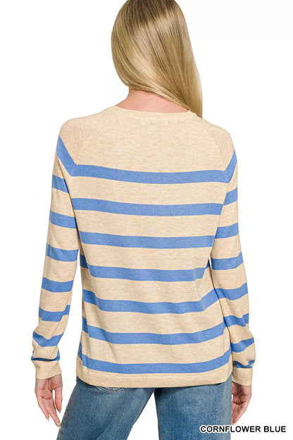 Zenana Lightweight Wool Blend Striped Round Neck Sweater