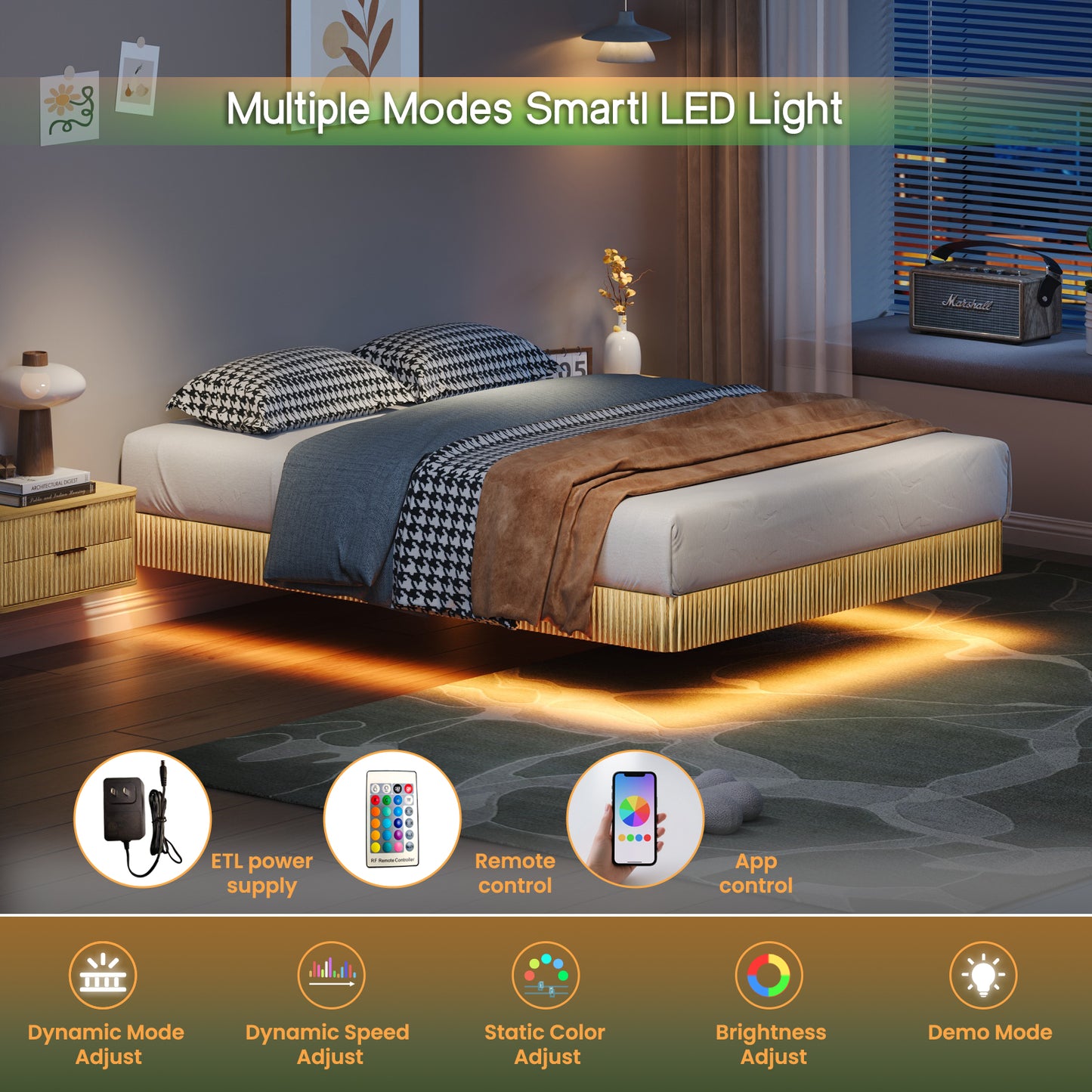 Oak Queen Floating Bed Frame With LED Lights, Wave Curve Wood Texture Bed With Heavy Duty Metal Slats - No Box Spring Needed.