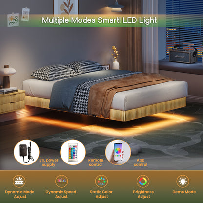 Oak Queen Floating Bed Frame With LED Lights, Wave Curve Wood Texture Bed With Heavy Duty Metal Slats - No Box Spring Needed.