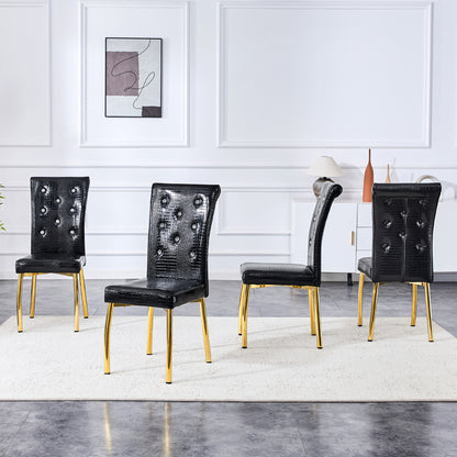 Set Of 4,Retro Alligator Skin Upholstered Dining Chairs,with Crystal Buckle Design And Faux Leather Design,a Touch Of Elegance And Mystery To The Dining Area.Gold Plated Metal Feet