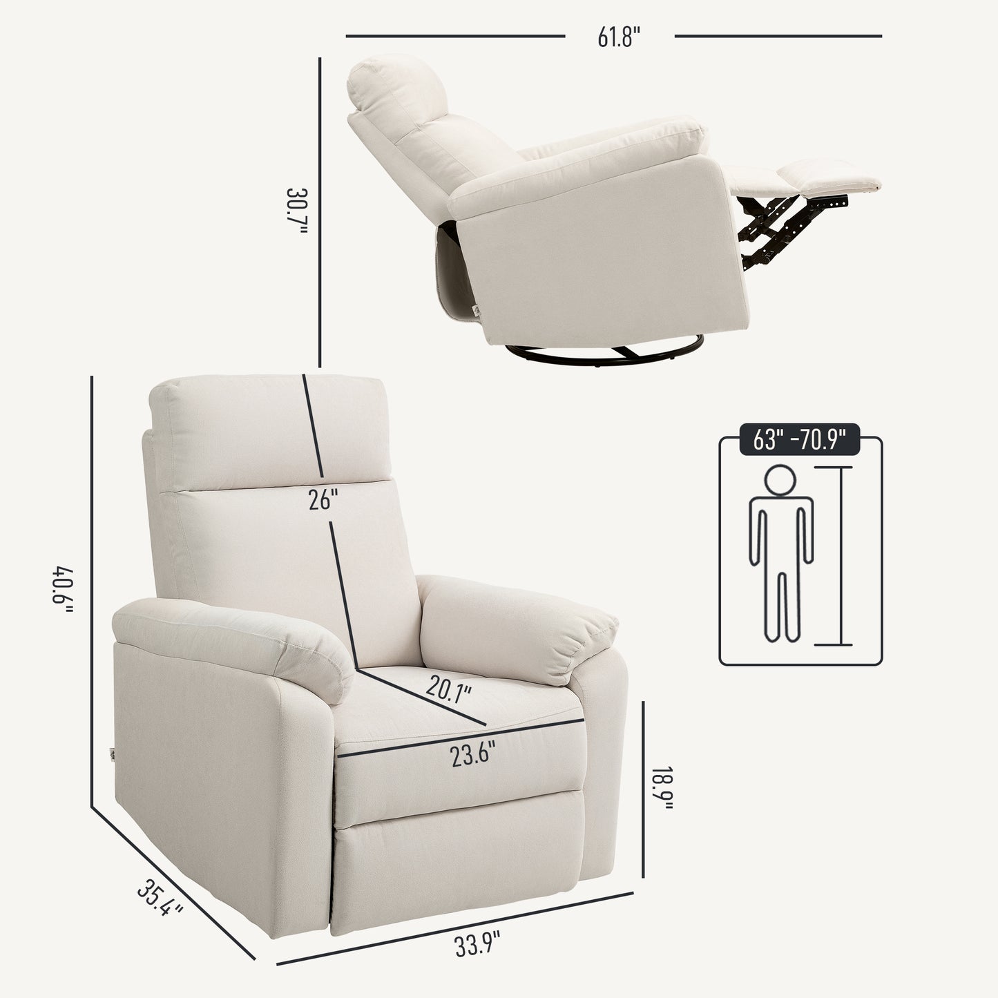 Recliner Chair, Wide Swivel Rocker Chair, Overstuffed Single Sofa with Pocket Spring, Footrest, Quick Assembly, Cream