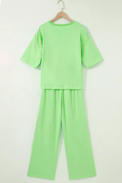 Lace Patchwork Half Sleeve Top Elastic Waist Pants Two Piece Set