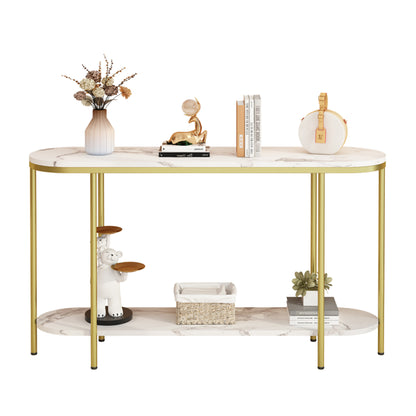 2-Tier Oval Console Table, White Faux Marble Top With Gold Metal Frame, Modern Entryway Table With Open Shelf, 42.1"×11.4"×30.5" Narrow Sofa Table For Hallway, Living Room & Foyer