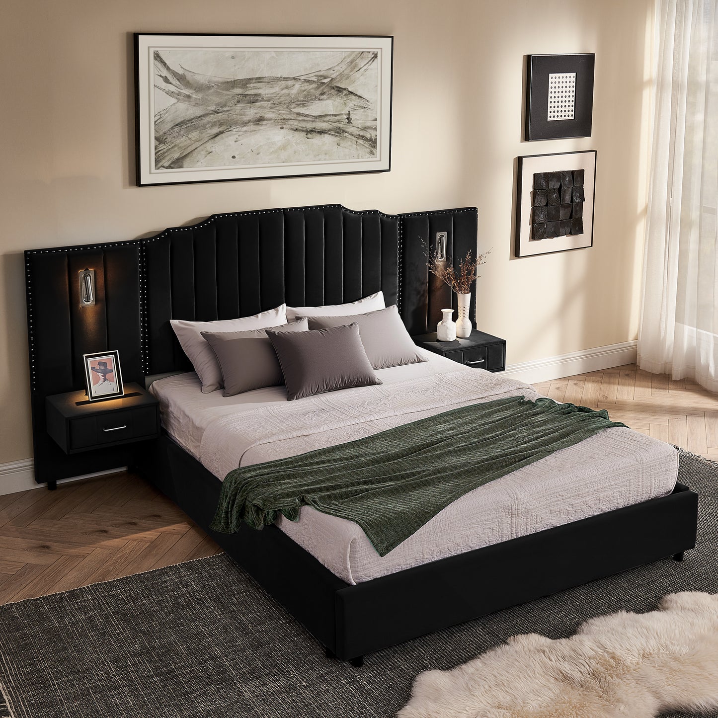 Queen Size Upholstered Bed Frame With Velvet Fabric, Vertical Stripe Design With Buttons Around  Platform Bed With Headboard, Solid Frame & Bedside Table - No Box Spring Needed-Black