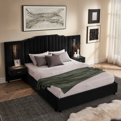 Queen Size Upholstered Bed Frame With Velvet Fabric, Vertical Stripe Design With Buttons Around  Platform Bed With Headboard, Solid Frame & Bedside Table - No Box Spring Needed-Black