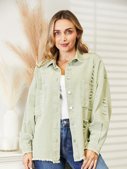 Distressed Raw Hem Denim Jacket