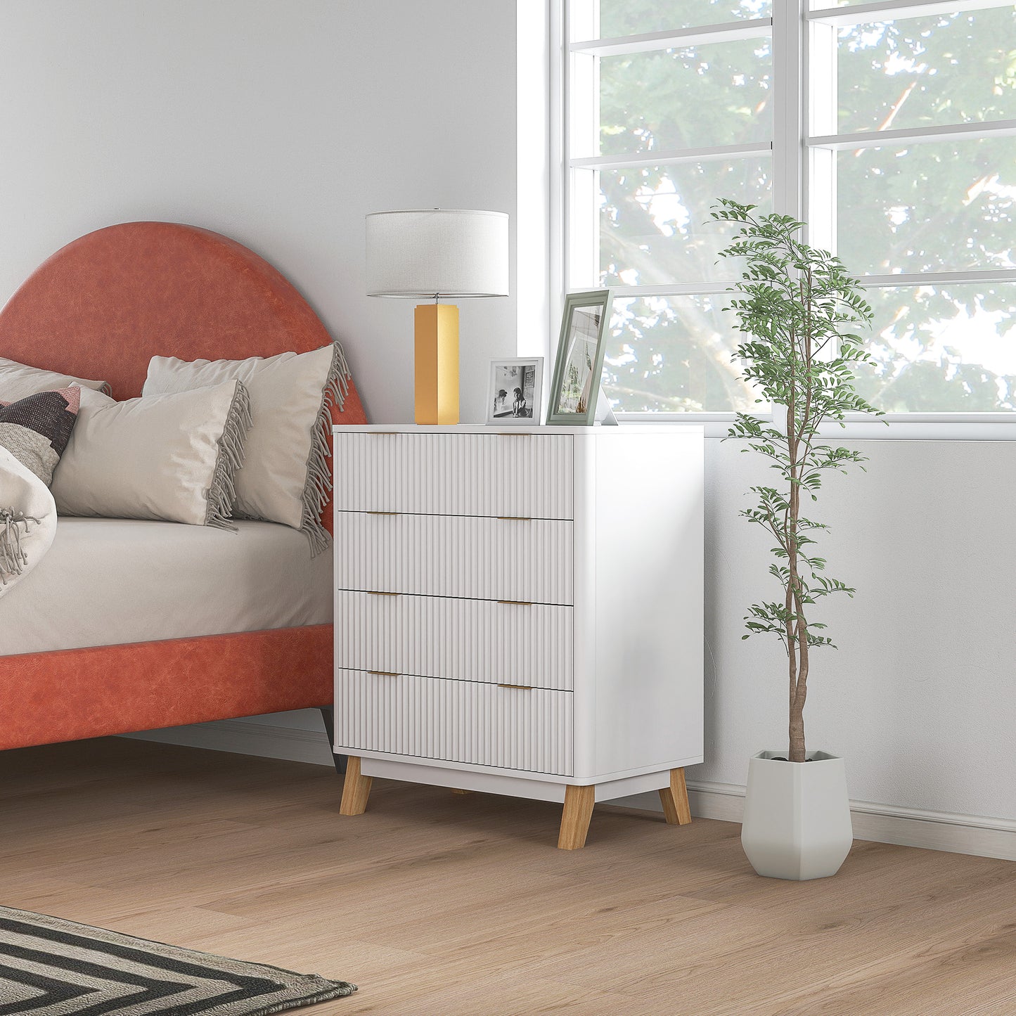 4 Drawer Double Dresser for Bedroom, Fluted Chest of Drawers with Gold Finger Pulls and 4 Wood Legs, White