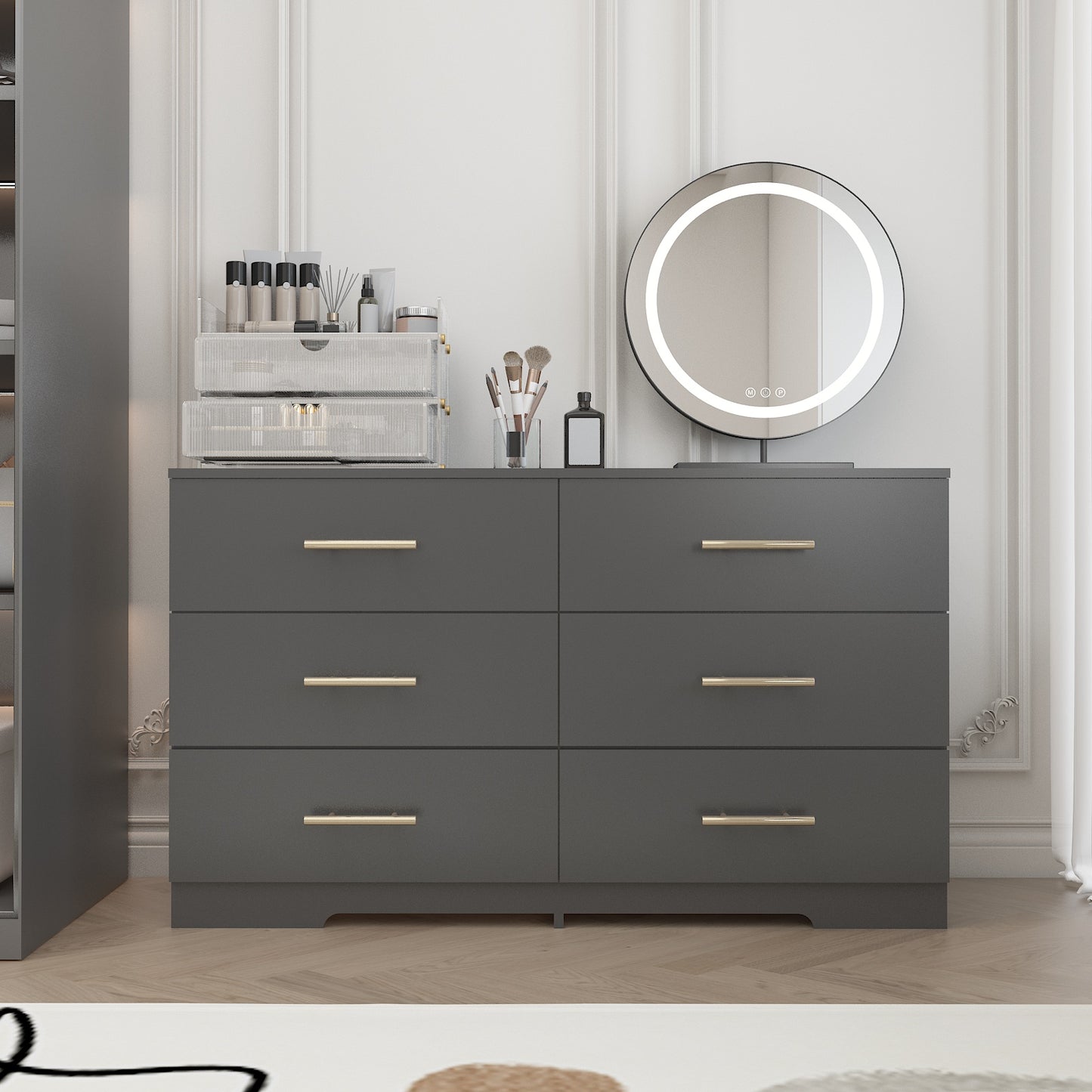 Black Color Large 6 Drawers Chest Of Drawer Dressers Table With Golden Handle