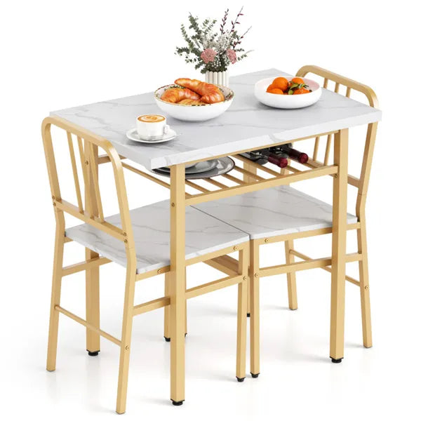 3-Piece Dining Table Set (White + Gold), Space-Saving Tuck-under Chair Design