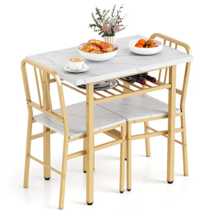 3-Piece Dining Table Set (White + Gold), Space-Saving Tuck-under Chair Design