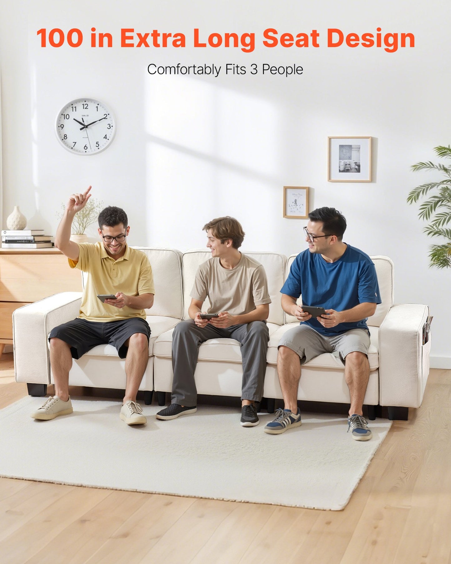 100-Inch Modular 3-Seater Sofa – Comfy Couch With Deep Seats & Hidden Storage, Modern Design For Living Room, Apartment, Or Office, White