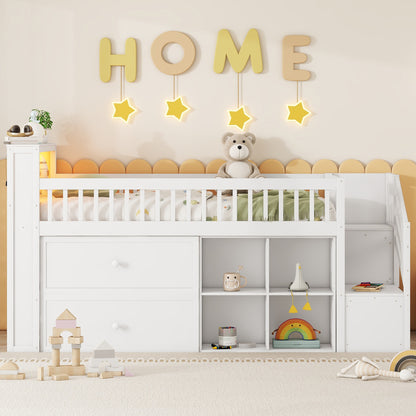 Twin Size Loft Bed With LED And Bookshelf, Wood Low Loft Bed With Stairs, Kids Twin Loft Bed With Storage Drawers And Shelves,White Expect Arrival Date 2025 1 20