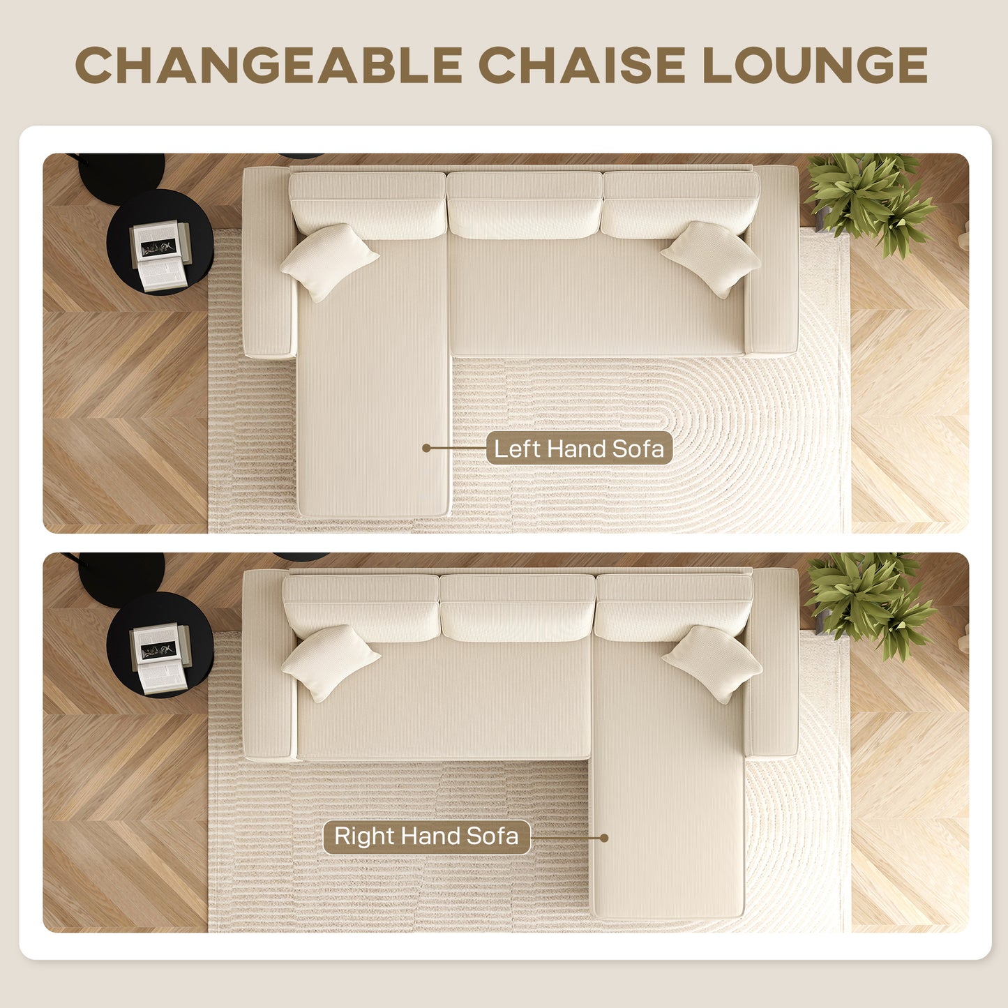 Corner Sofa with Reversible Chaise Lounge, Corduroy L-Shaped Sectional Sofa with Pocket Spring, Cream White