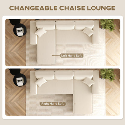Corner Sofa with Reversible Chaise Lounge, Corduroy L-Shaped Sectional Sofa with Pocket Spring, Cream White