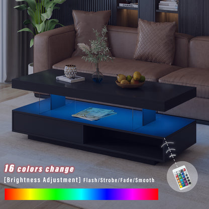 VIBE HAUS LED Coffee Table With Storage, Modern Center Table With 2 Drawers And Display Shelves, Accent Furniture With LED Lights For Living Room,Black