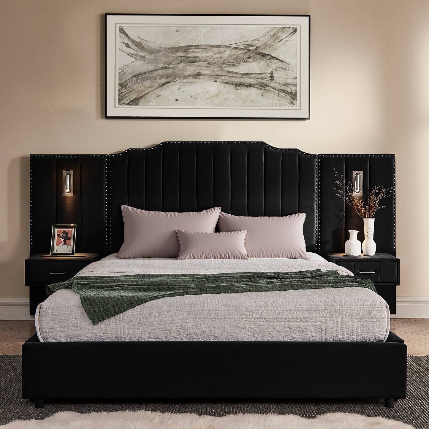 Queen Size Upholstered Bed Frame With Velvet Fabric, Vertical Stripe Design With Buttons Around  Platform Bed With Headboard, Solid Frame & Bedside Table - No Box Spring Needed-Black
