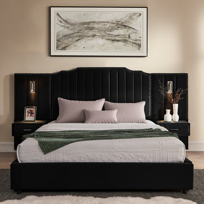 Queen Size Upholstered Bed Frame With Velvet Fabric, Vertical Stripe Design With Buttons Around  Platform Bed With Headboard, Solid Frame & Bedside Table - No Box Spring Needed-Black