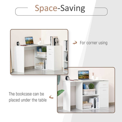 L Shaped Computer Desk, 180° Rotating Corner Desk with Storage Shelves, Drawer and Cabinet, Study Workstation for Home Office, White