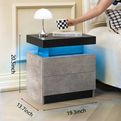Nightstand LED Bedside Table Cabinet Lights Modern End Side With 2 Drawers For Bedroom Black Gray