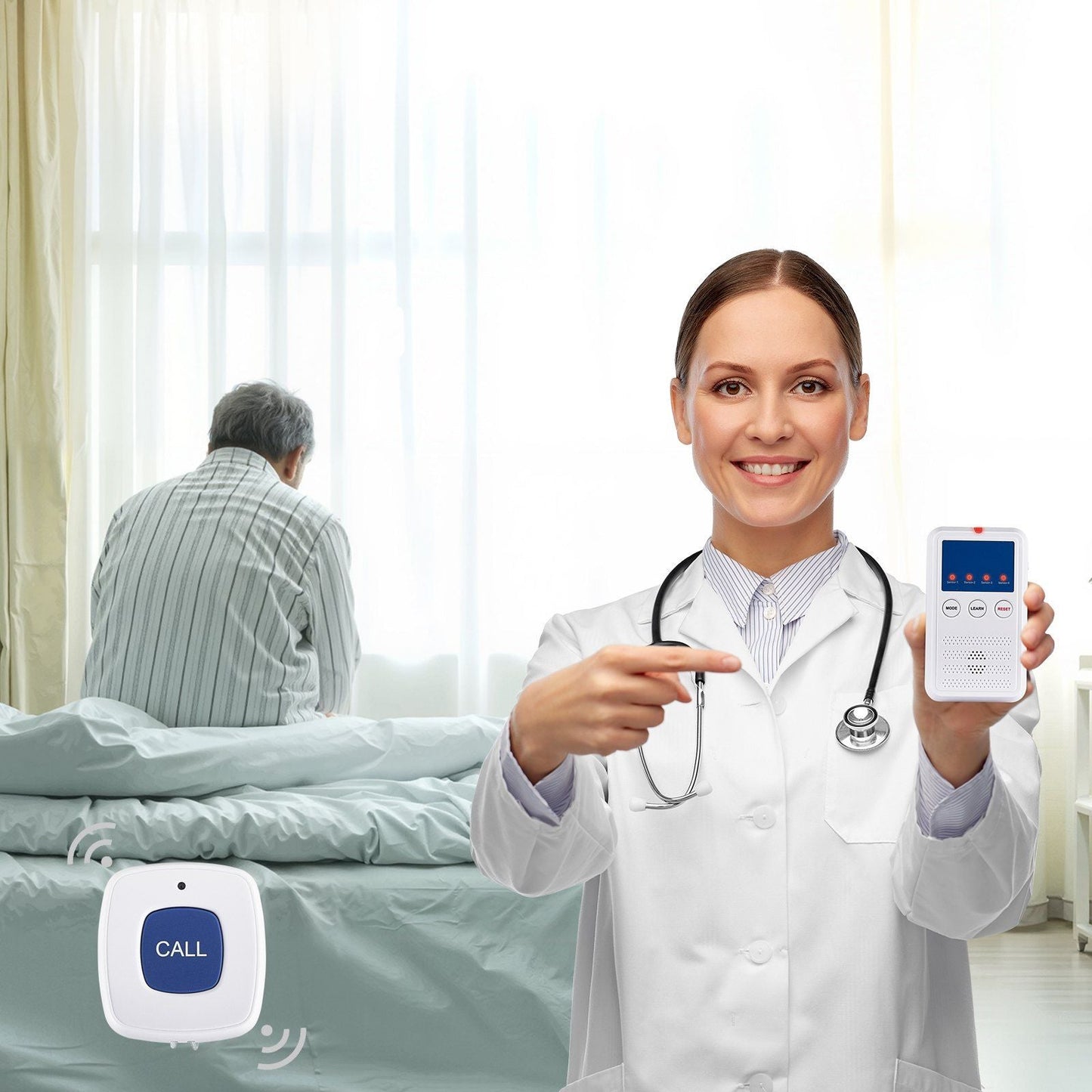 Early Alert Bed Alarm System Wireless Bed Sensor Pad with Call Button & Pager