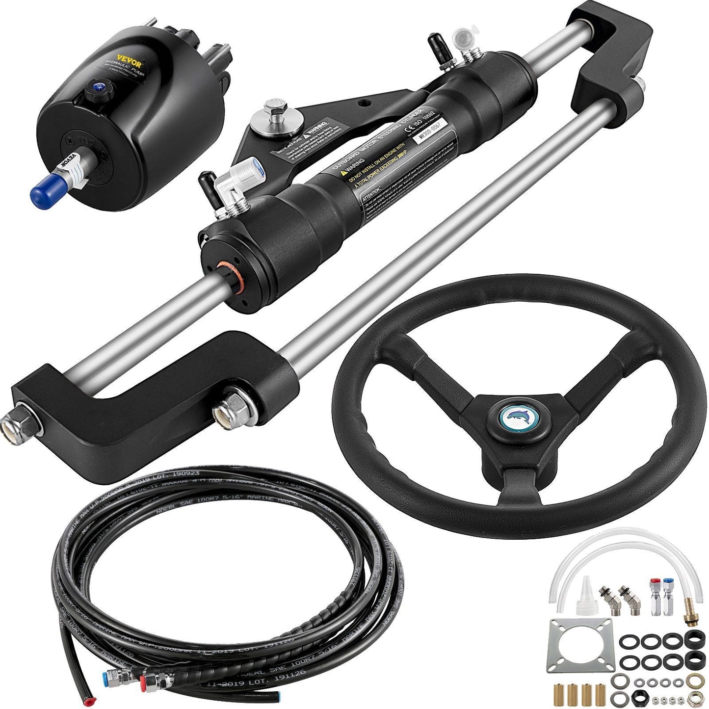 Hydraulic Boat Steering Kit, 300HP Hydraulic Steering Kit Helm Pump, Cylinder, Wheel, 18 Feet Hose Hydraulic Steering Seal Kit, Corrosion-Resistant Boat Steering System Marine Steering Kit
