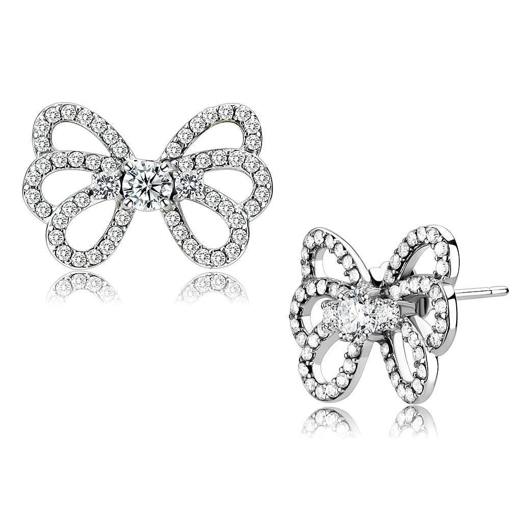 DA067 - High polished (no plating) Stainless Steel Earrings with AAA Grade CZ in Clear