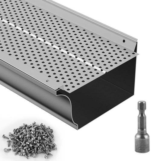 Gutter Guard, 6 inch Width, Aluminum Leaf Filter DIY Gutter Cover, 26 PCS 104 ft Total Length, 0.157'' Hole Diameter & 0.02'' Thick Raptor Gutter Guards Fits Any Roof or Gutter Type