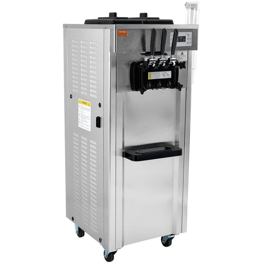 1850W Commercial Soft Ice Cream Machine 3 Flavors 5.3 to 7.4Gallon per Hour PreCooling at Night Auto Clean LCDPanel for Restaurants Snack Bar, Sliver