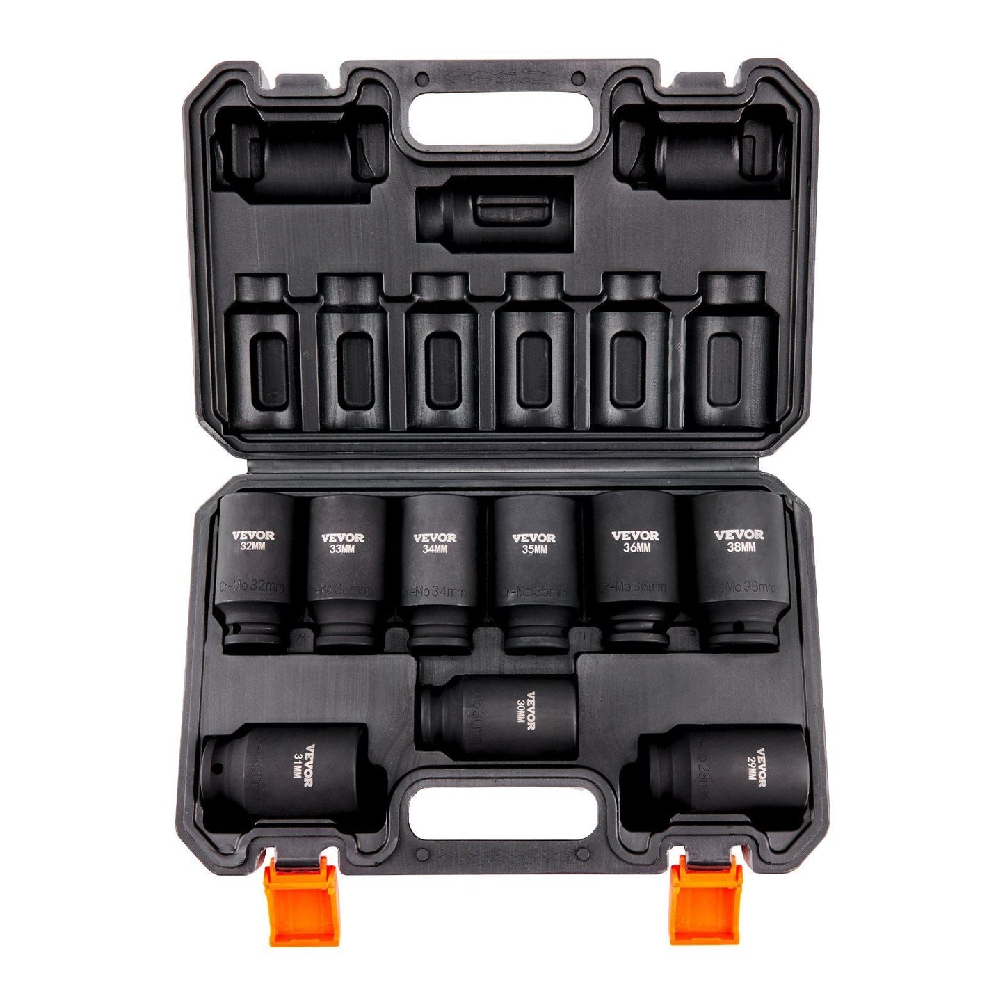 1/2" Drive Impact Socket Set, 9 Piece Deep Socket Set Metric 29-38mm, 6 Point Cr-Mo Alloy Steel for Auto Repair, Easy-to-Read Size Markings, Rugged Construction, Includes Storage Case