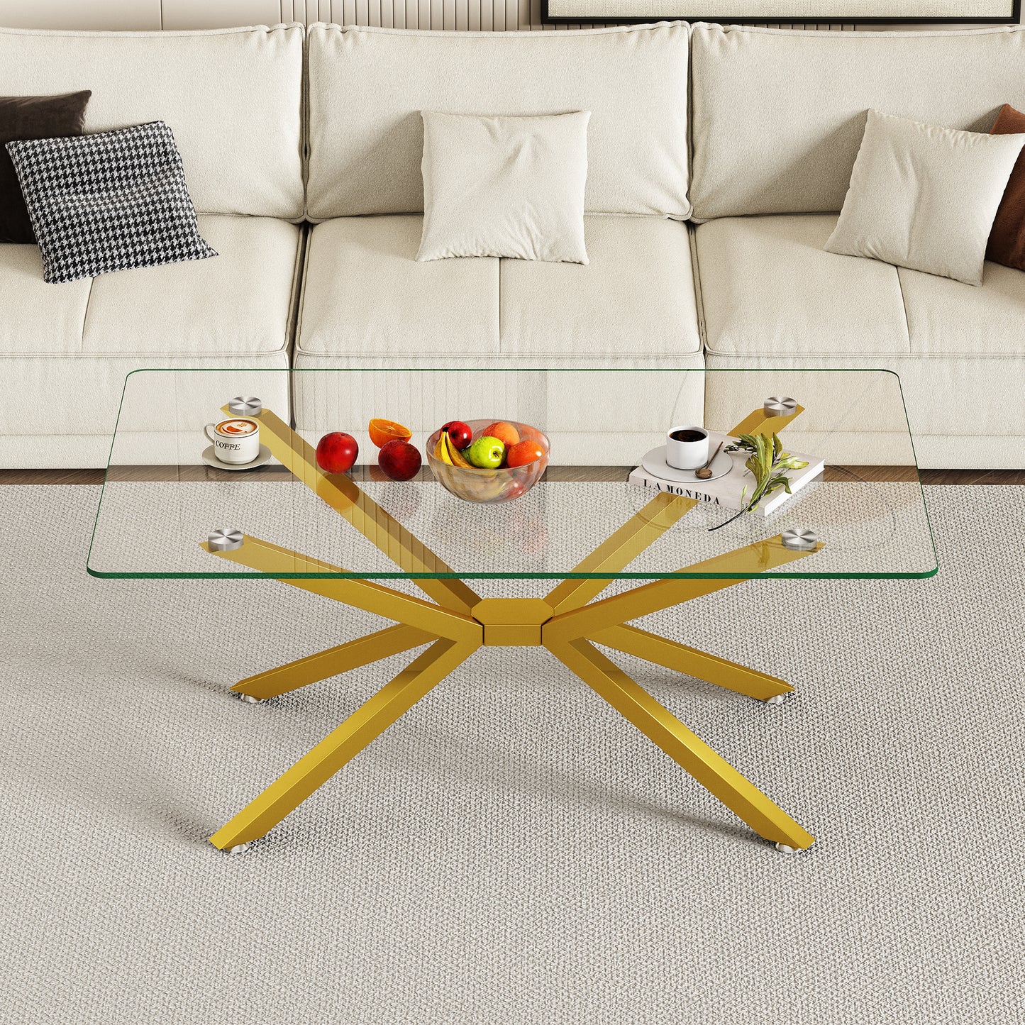 39.37  Rectangular Clear Tempered Glass Coffee Table,Stylish Design With Gold Metal Legs, Coffee Table For Living Room