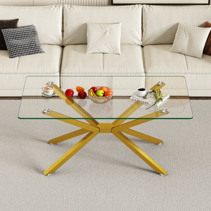 39.37  Rectangular Clear Tempered Glass Coffee Table,Stylish Design With Gold Metal Legs, Coffee Table For Living Room