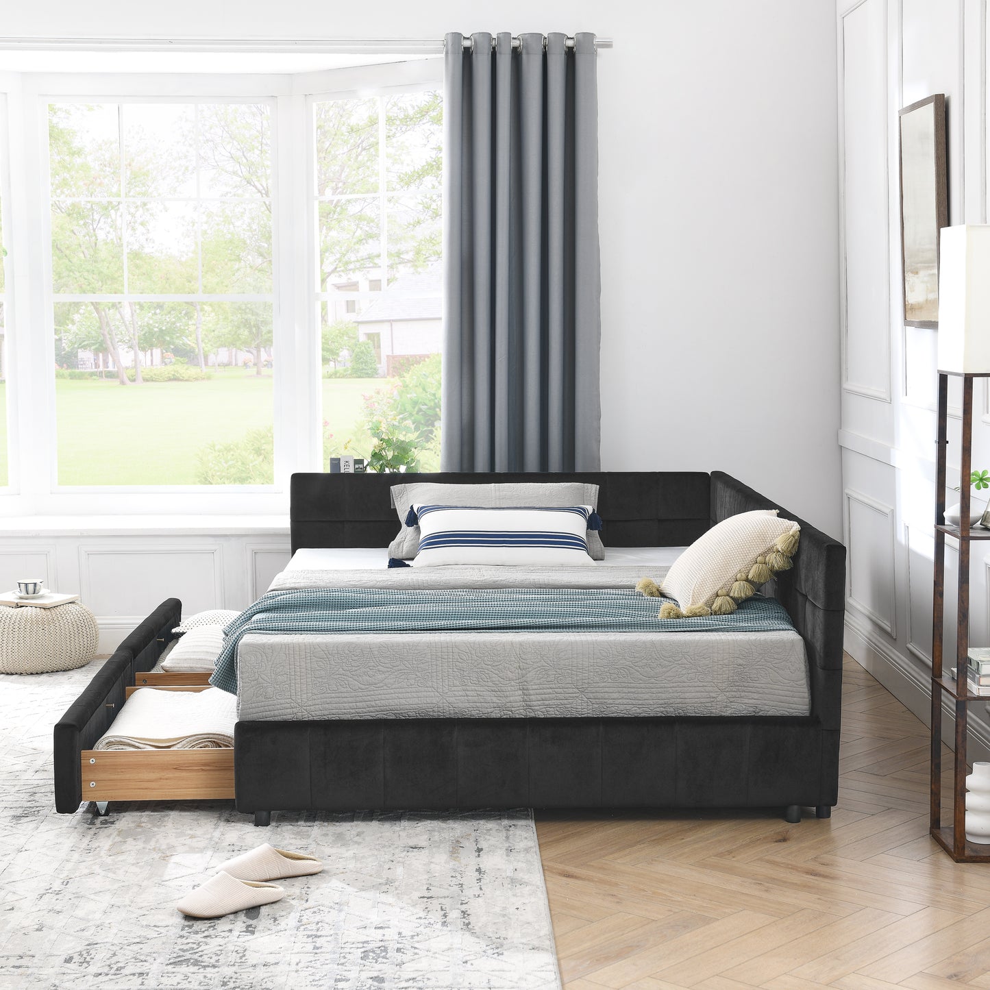 Full Size Storage Upholstered Tufted Bed Frame, Sofa Bed Frame With Comfortable Backrest And Armrests, Full Size Bed For Bedroom, Living Room,Velvet, BLACK 80.5x59x29.5