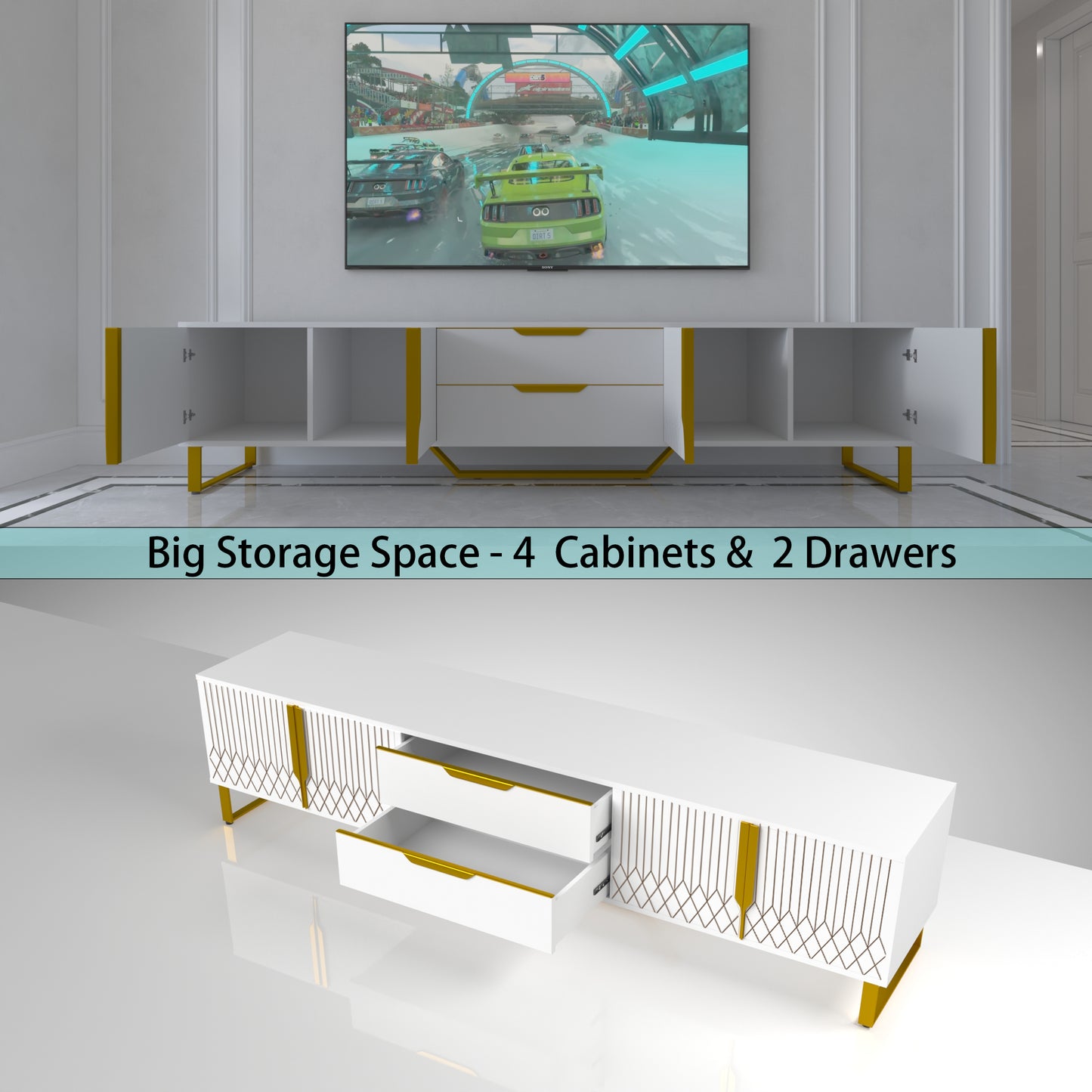 TV Console With Storage Cabinets, Carve Design TV Stand With Metal Legs, Large Storage Space Modern Entertainment Center Suit For Living Room, Bedroom, White