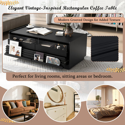 Modern Rectangle Coffee Table With 4 Drawers And 2 Display Shelves, Wood Coffee Table With Fluted Style, Tempered Glass For Living Room