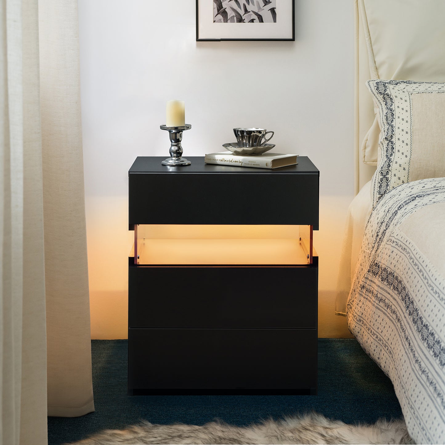 LED Nightstands 3 Drawer Dresser For Bedroom End Table With Acrylic Board LED Bedside Tables Black