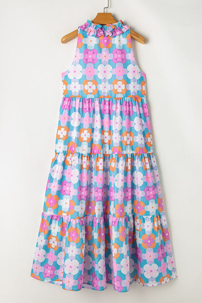 Floral Print Sleeveless Tiered Midi Dress