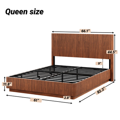Queen Size Bed Frame With LED Lights, Modern Wooden Corrugated Curved Lines, Convex Groove Board Design, Walnut.