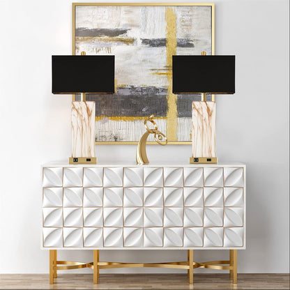 Touch Control Table Lamps Set Of 2, Modern Contemporary Bedside Lamp With 2 USB Ports 1 AC Outlet, 3-Way Dimmable Nightstand Lamp Faux Marble Gold Black Rectangular Shade For Living Room Bedroom