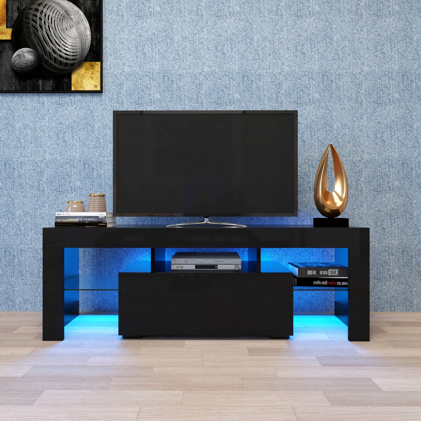 Black TV Stand With LED RGB Lights,Flat Screen TV Cabinet, Gaming Consoles - In Lounge Room, Living Room And Bedroom Black