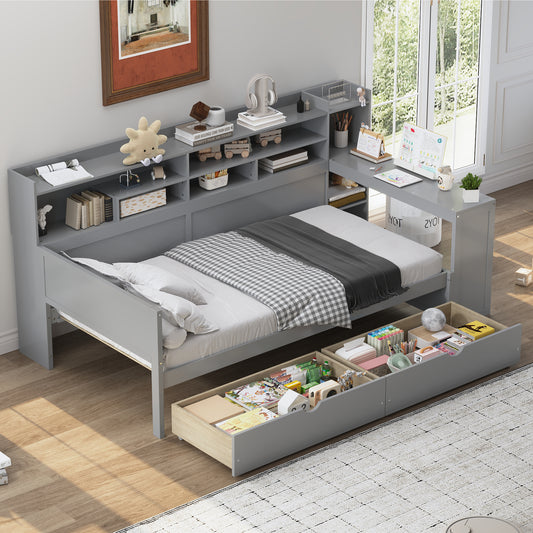 Wooden Twin Size Daybed With Storage Shelves, Multi-functional Bed With Two Storage Drawers And  Study Desk, Gray