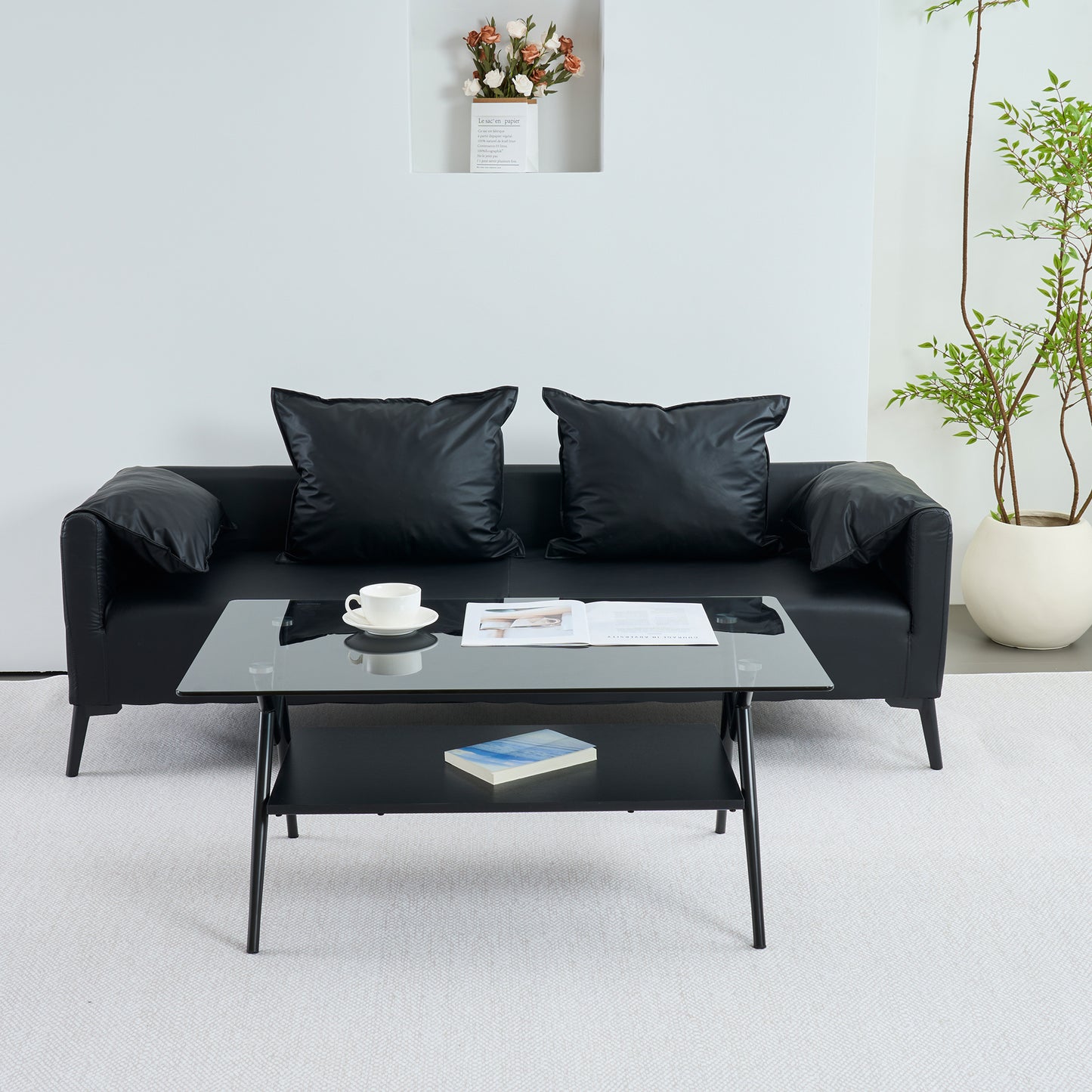 Rectangle Coffee Table With Tempered Glass Top And Black MDF Shelf, Modern Table For Living Room, Gray Glass