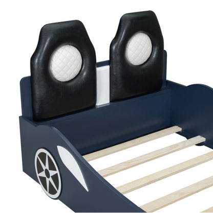Wood Twin Size Race Car-Shaped Platform Bed With LED And Upholstered Backrest, Blue