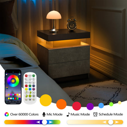 Nightstand LED Bedside Table Cabinet Lights Modern End Side With 2 Drawers For Bedroom Black Gray