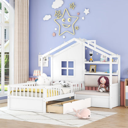 Twin Size House Bed With Sofa, Kids Platform Bed With Two Drawers And Storage Shelf, White