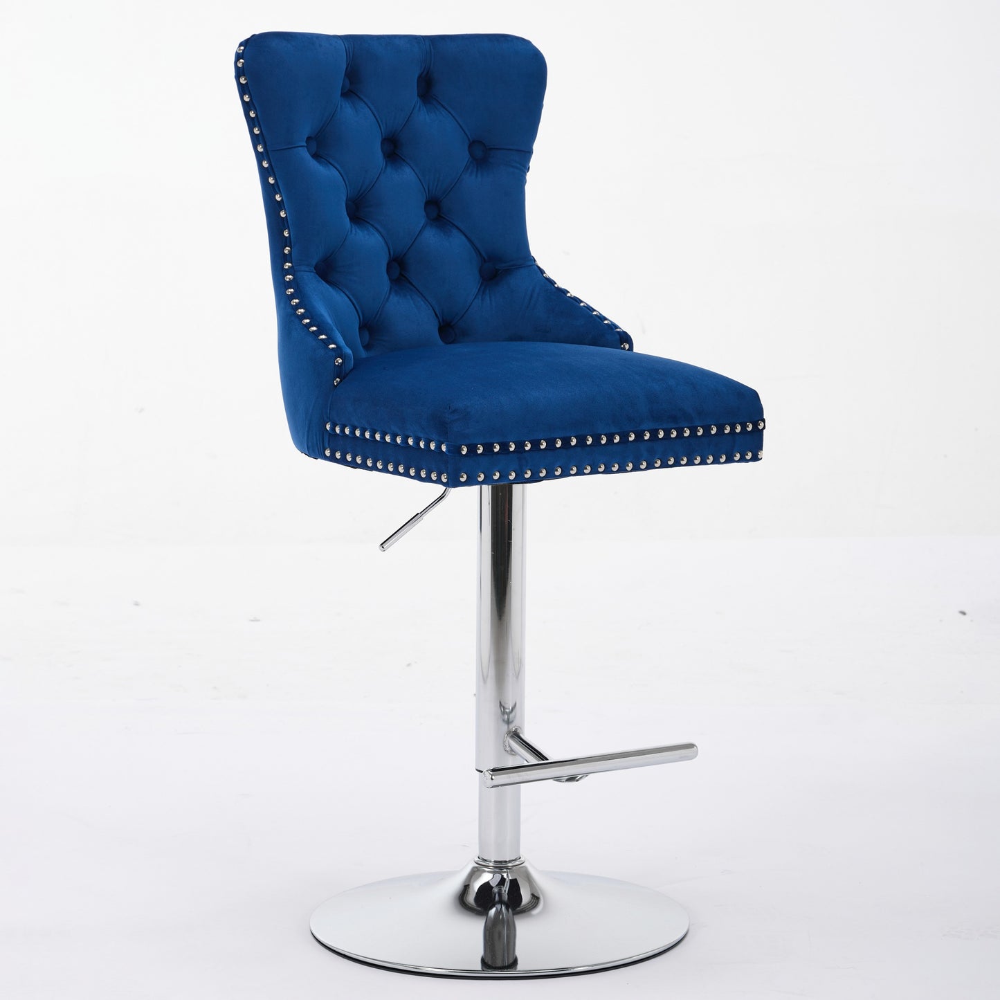Thick Chrome Swivel Velvet Barstools,Adjustable 25-33 Height,Modern Upholstered With17.7 Base,Tufted Buttons&Diamond Pleating,Sponge&Spring Seat,for Home Pub&Kitchen Island Blue, Set Of 2