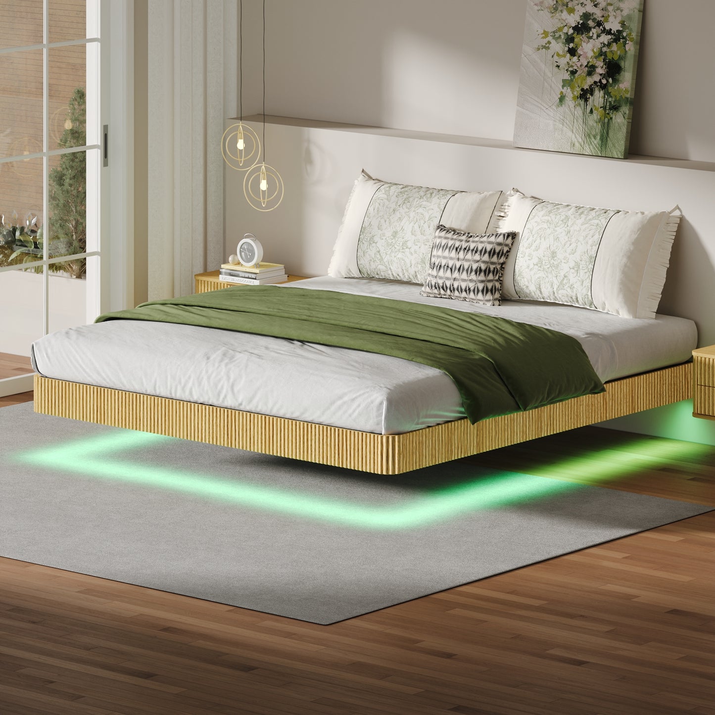 Oak King Floating Bed Frame With LED Lights, Wave Curve Wood Texture Bed With Heavy Duty Metal Slats - No Box Spring Needed.