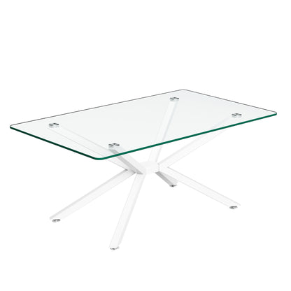 39.37  Rectangle Clear Glass Glass Coffee Table,Stylish Design With White Metal Legs, Coffee Table For Living Room